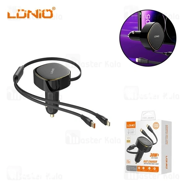 M163031BLACK-1 شارژر فندکی الدینیو Ldnio C107 توان 30 وات همراه با کابل جمع شونده - تصویر 1